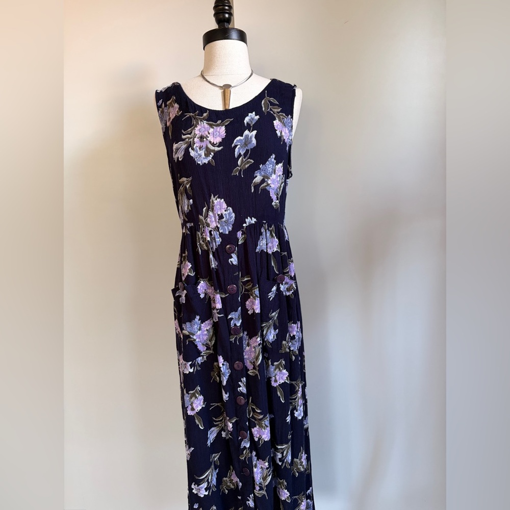 Vintage 90s Floral Rayon Maxi Dress Purple Navy Button Front Pockets Medium